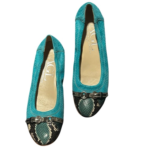 AGL Turquoise Monika Cap Toe Python Print Leather Ballet Flats - Size 41/US 9.5 - Picture 6 of 10